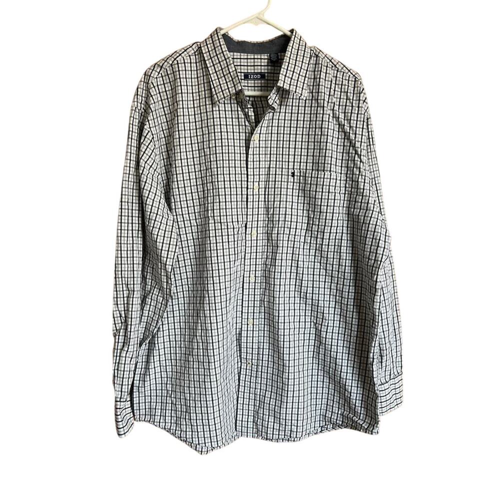 IZOD button down, long sleeve casual black, white & gray shirt, men's XL